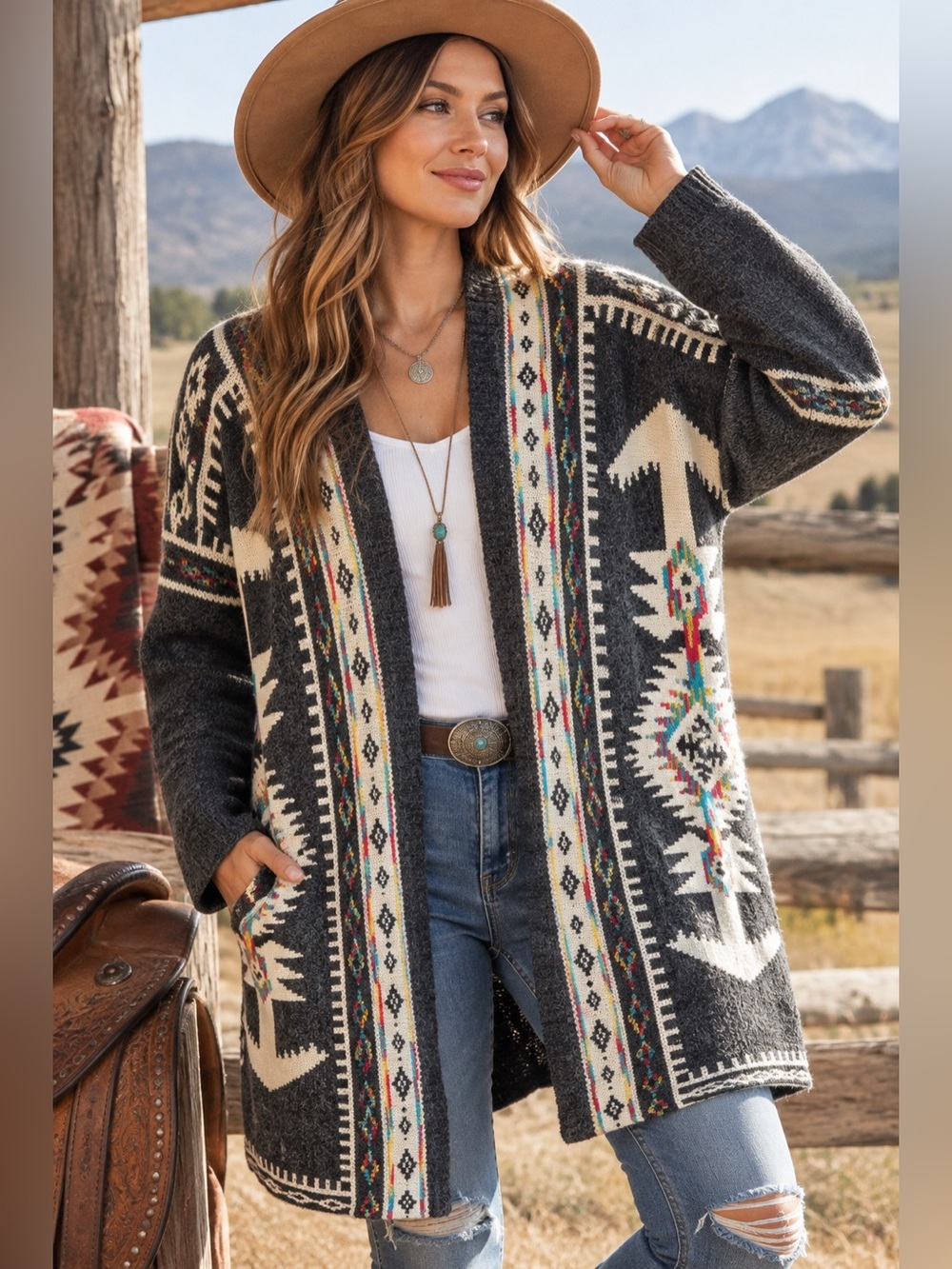 GeeGee Southwestern Aztec Open Front Cardigan Sweater β Size S/M